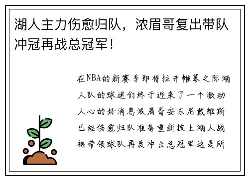 湖人主力伤愈归队，浓眉哥复出带队冲冠再战总冠军！