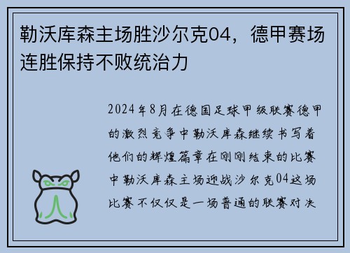 勒沃库森主场胜沙尔克04，德甲赛场连胜保持不败统治力
