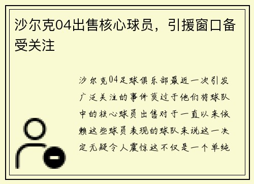 沙尔克04出售核心球员，引援窗口备受关注